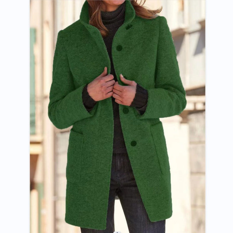 Women's Vintage Wool Blend Button Front Stand Collar Coat