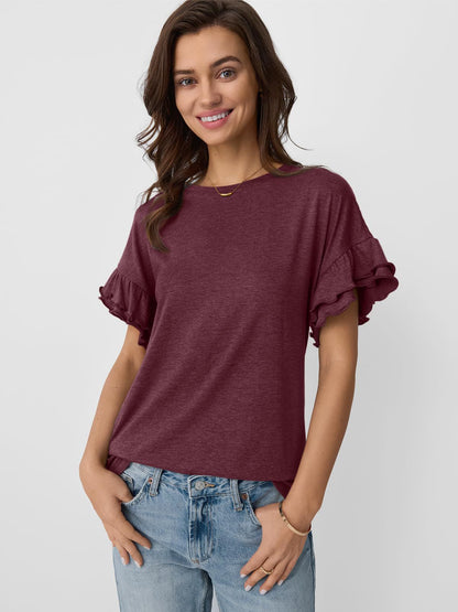 Women’s Ruffle Sleeve Crew Neck Tee Casual Summer Top