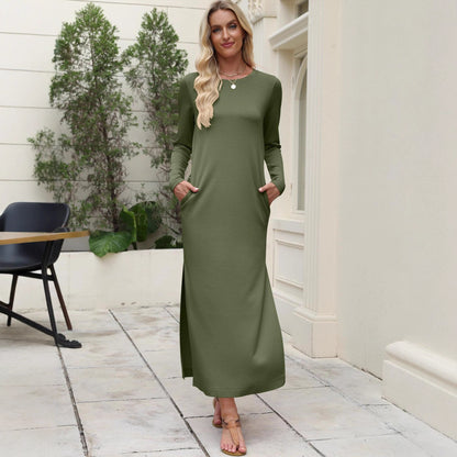 Women's Long Sleeve Maxi Dress with Pockets Side Slit