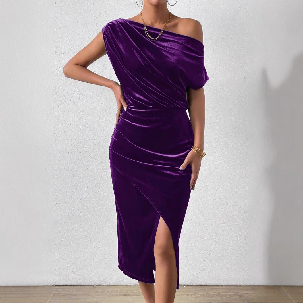One Shoulder Velvet Midi Dress Ruched Asymmetrical Hem
