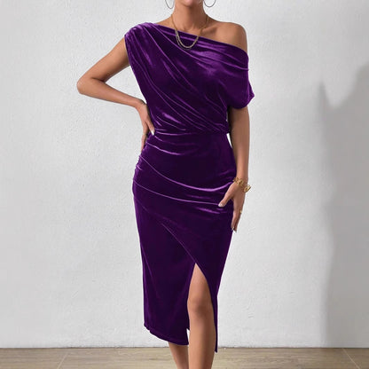 One Shoulder Velvet Midi Dress Ruched Asymmetrical Hem