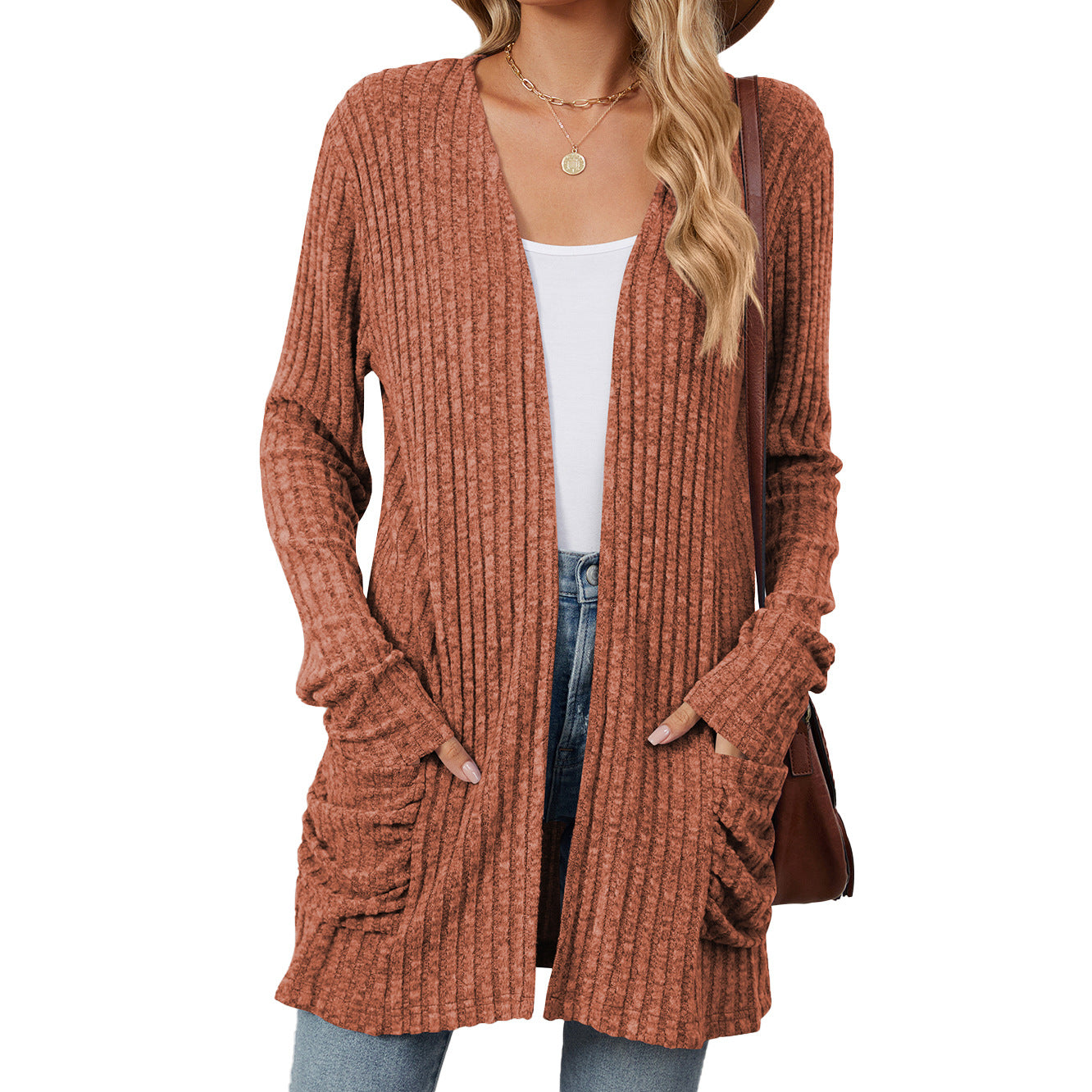 Simple Pocketed Long Sleeve Cardigan Knit Top