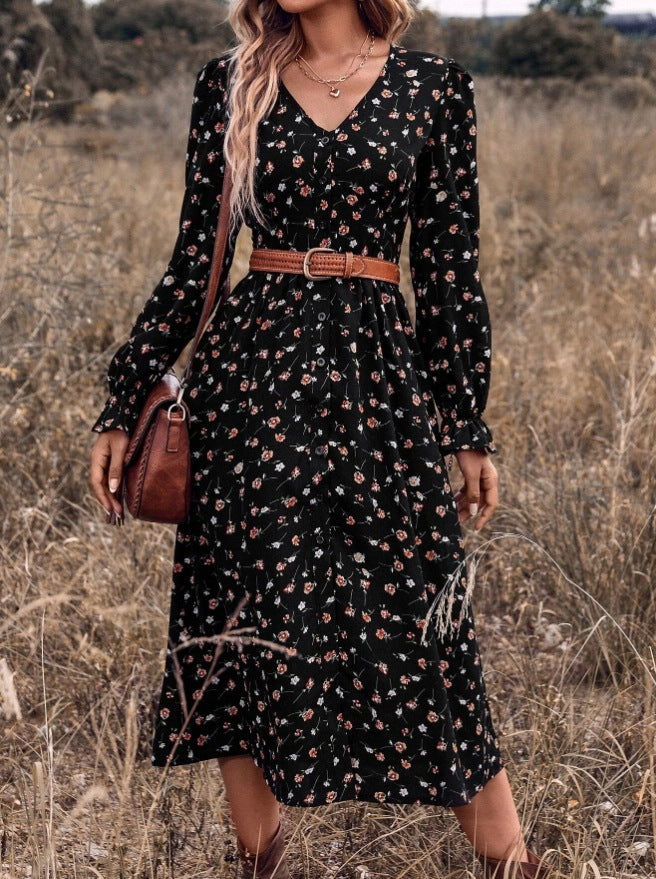 Women's Boho Floral V Neck Long Sleeve Midi Dress