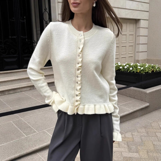 Ruffle Trim Knit Cardigan Button Front Long Sleeve Sweater