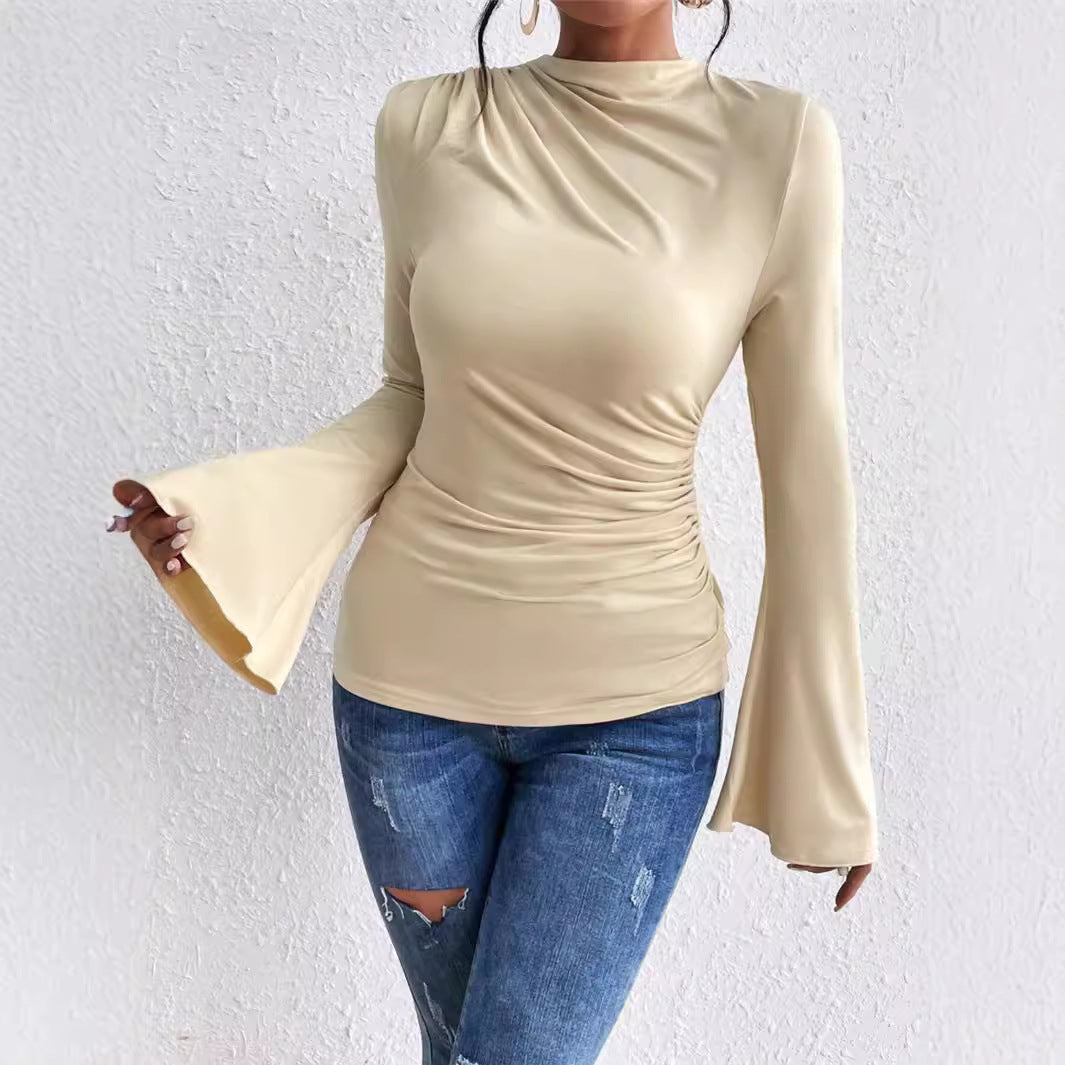 Women's Mock Neck Ruched Bell Sleeve Fitted Top