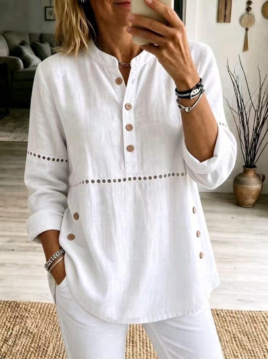 Women Cotton Eyelet Tunic Long Sleeve Side Button Loose Top