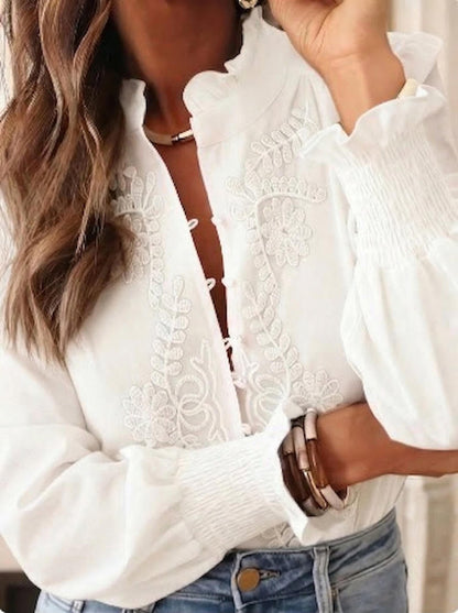 White Floral Embroidered Long Sleeve Button Up Blouse
