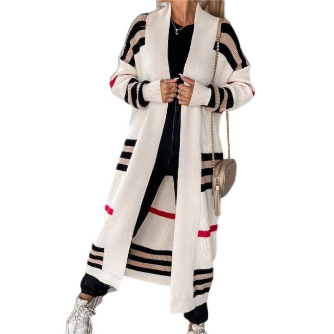 Women's Oversized Striped Long Open Front Cardigan