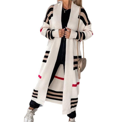 Women's Oversized Striped Long Open Front Cardigan