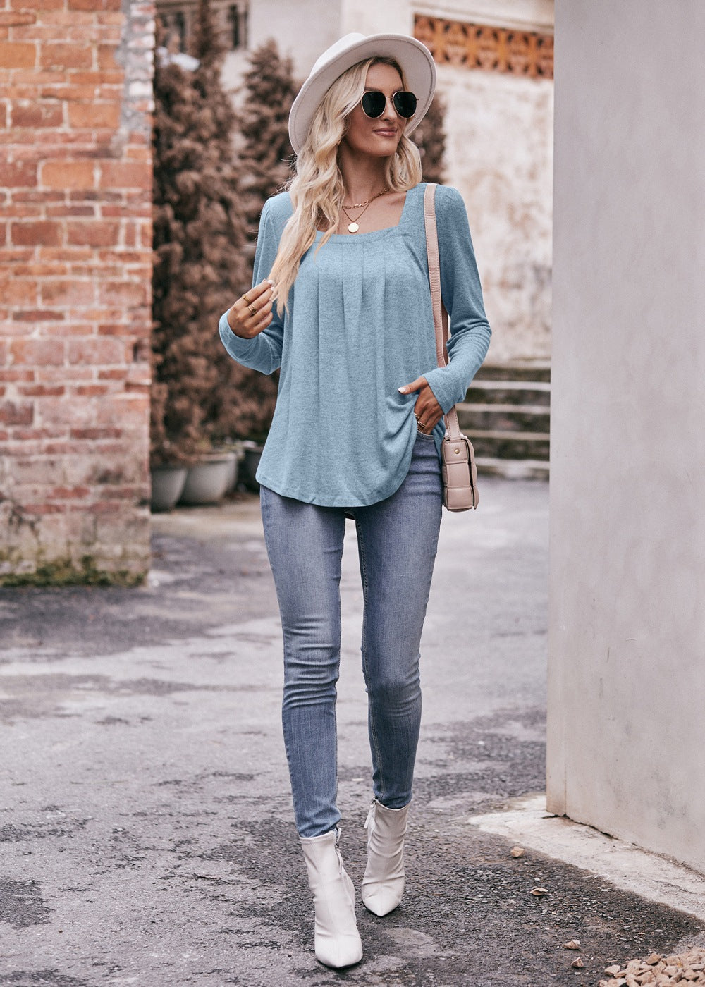 Square Neck Pleated Long Sleeve Top for Women