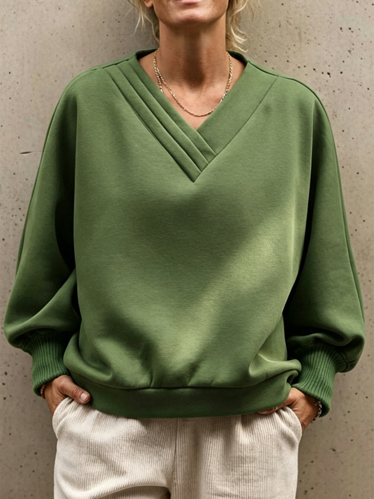 Oversized V Neck Sweatshirt Women Balloon Sleeve Pullover