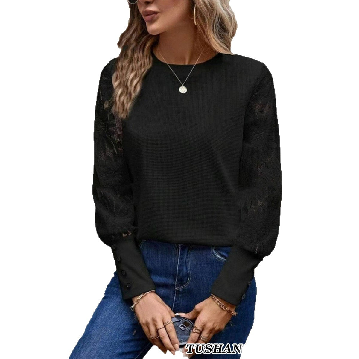 Women's Waffle Knit Lace Sleeve Top Button Cuff