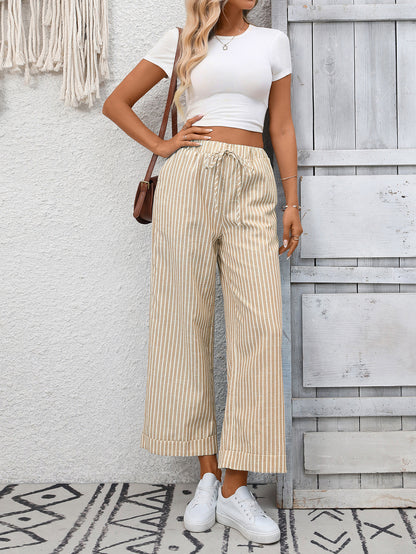 Striped High Waist Drawstring Wide Leg Summer Pants