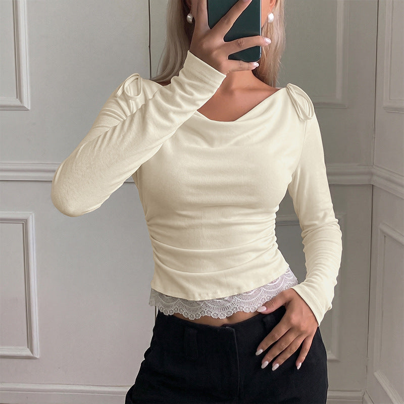 Lace Trim Cowl Neck Top Ruched Long Sleeve Fitted