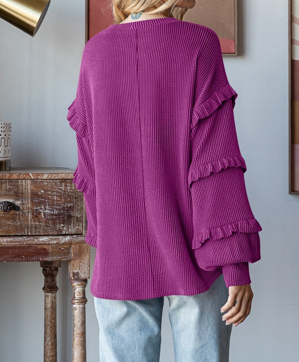 Lantern Sleeve Lace Round Neck Top