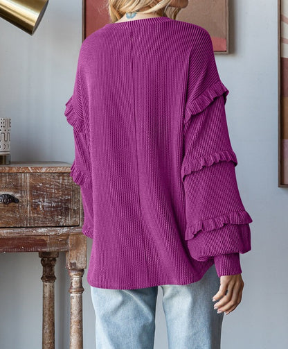 Lantern Sleeve Lace Round Neck Top