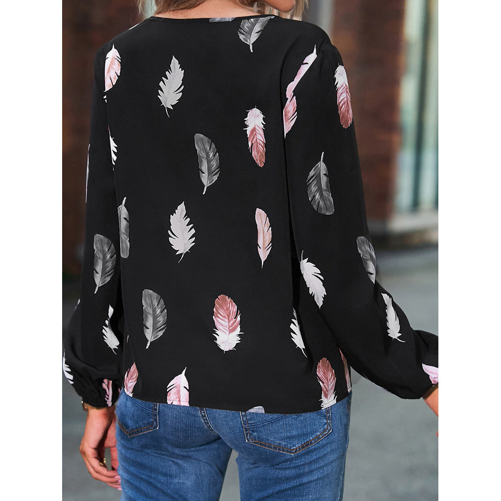 Feather Print V Neck Chiffon Blouse Long Sleeve Top