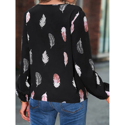 Feather Print V Neck Chiffon Blouse Long Sleeve Top