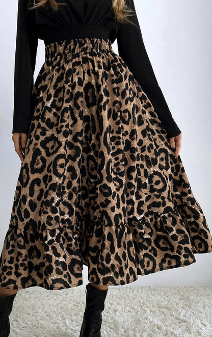 Leopard Print High Waist Flowy Tiered Midi Skirt