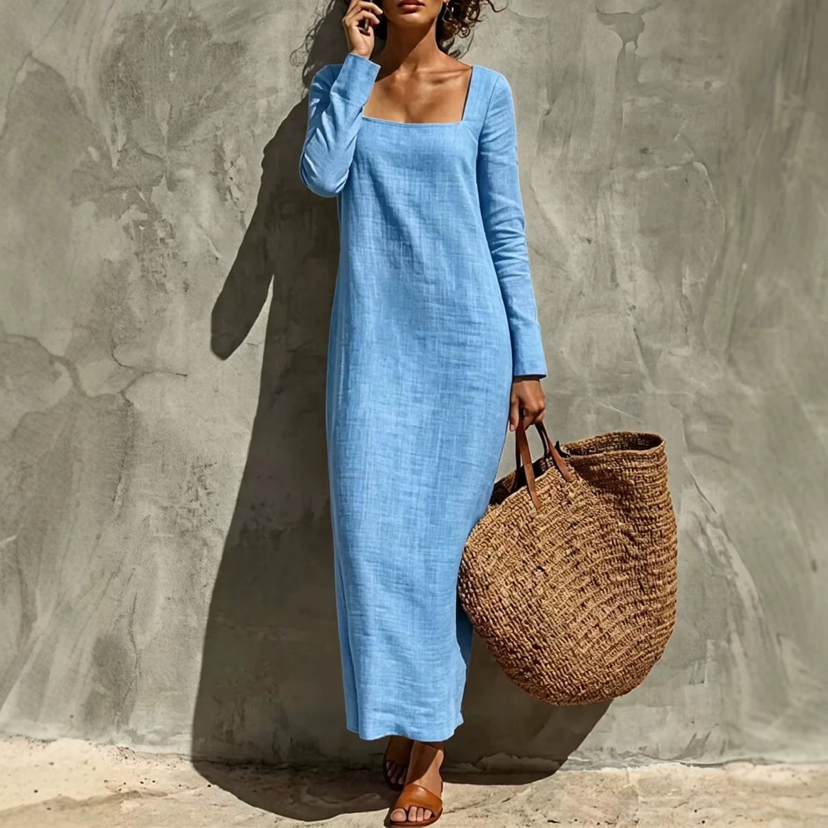 Women's Square Neck Long Sleeve Straight Maxi Dress Casual