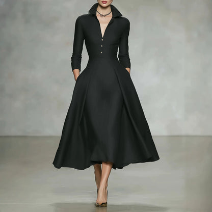 Women's Collared V Neck Long Sleeve Midi Shirt Dress