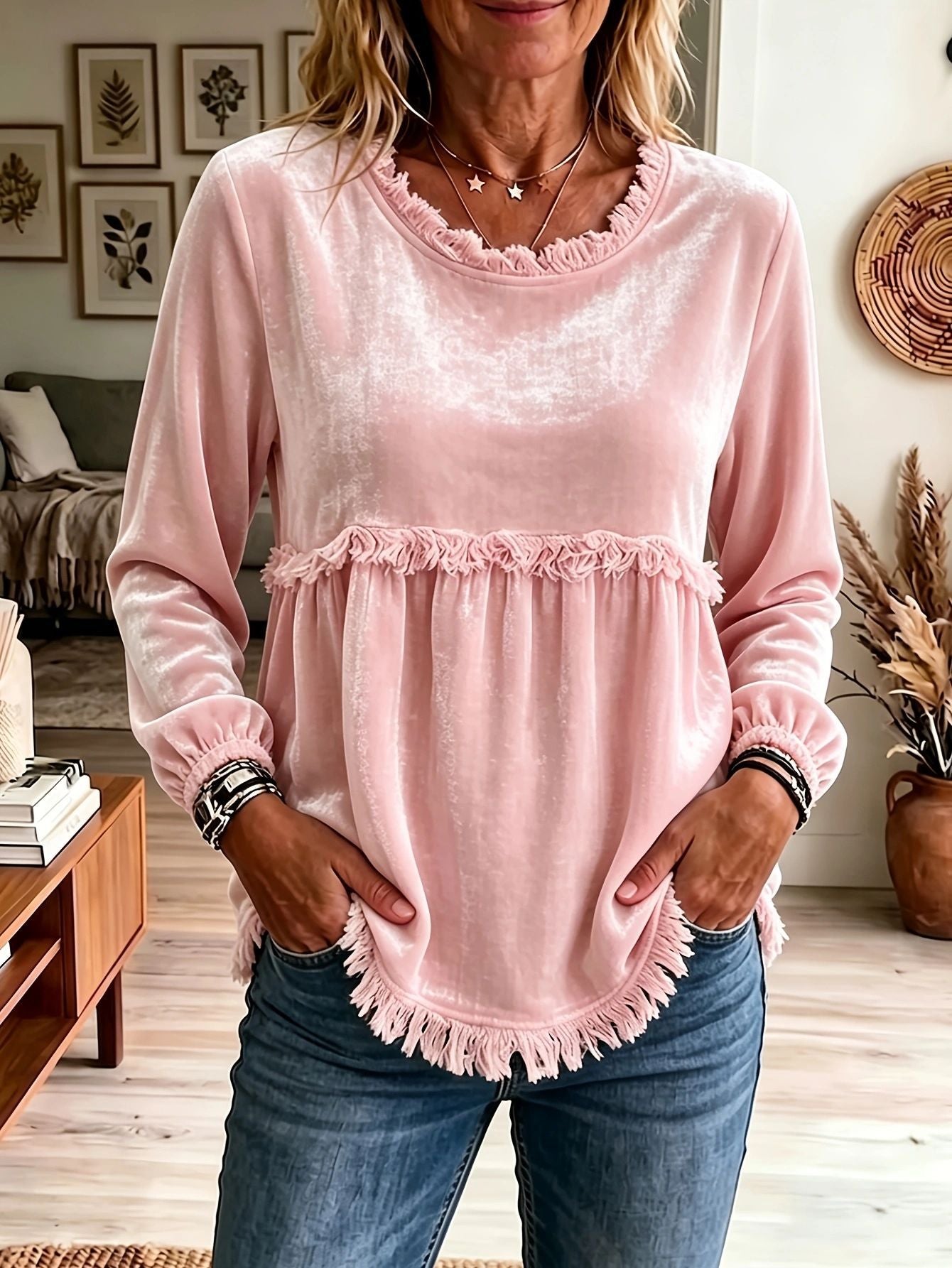 Women's Velvet Fringe Trim Long Sleeve Casual Top