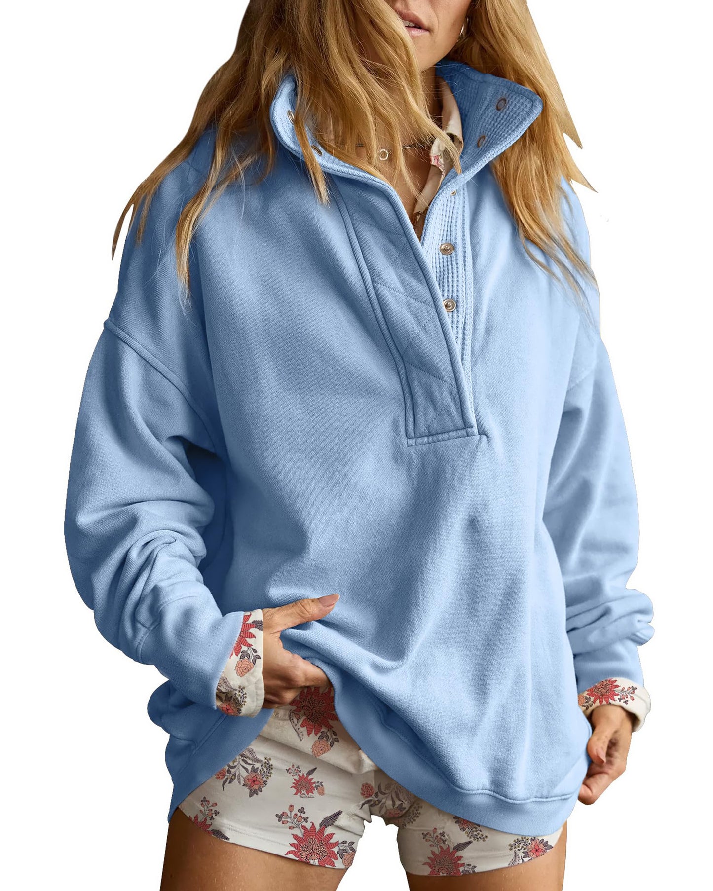Half Snap Pullover Sweatshirt Oversized Long Sleeve
