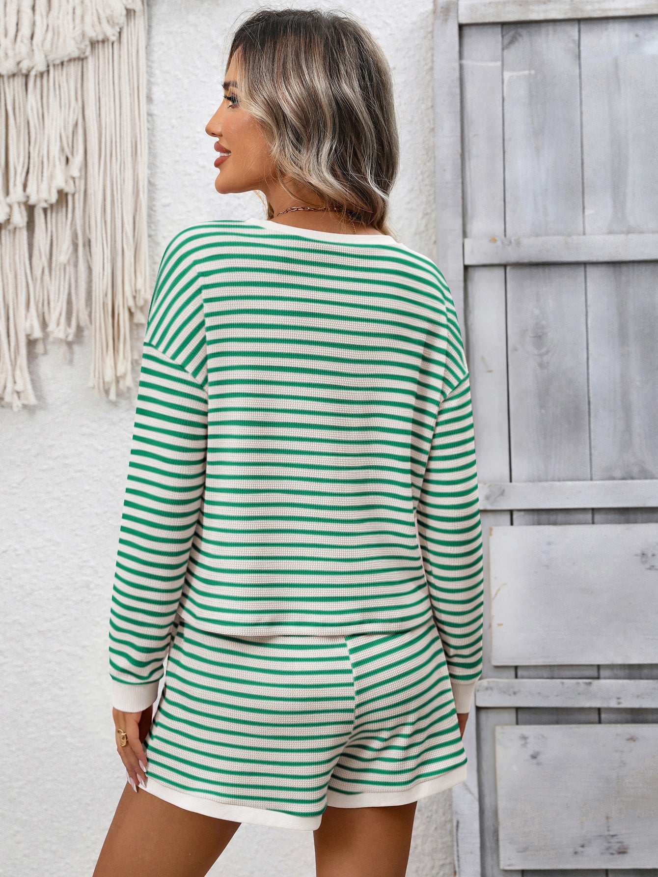 Striped waffle knit top and shorts two piece set