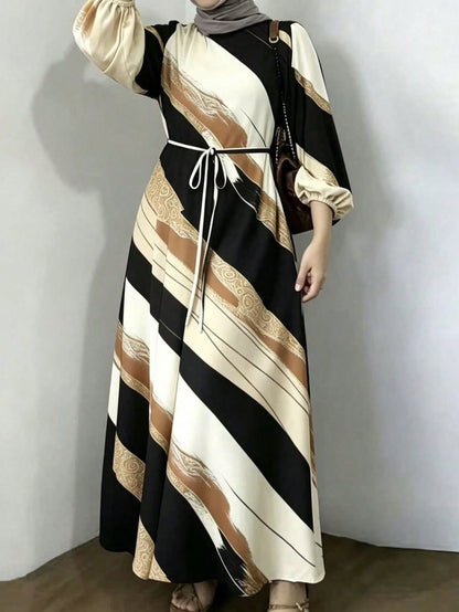 Abstract Print Tie Waist Maxi Dress Long Sleeve Elegant