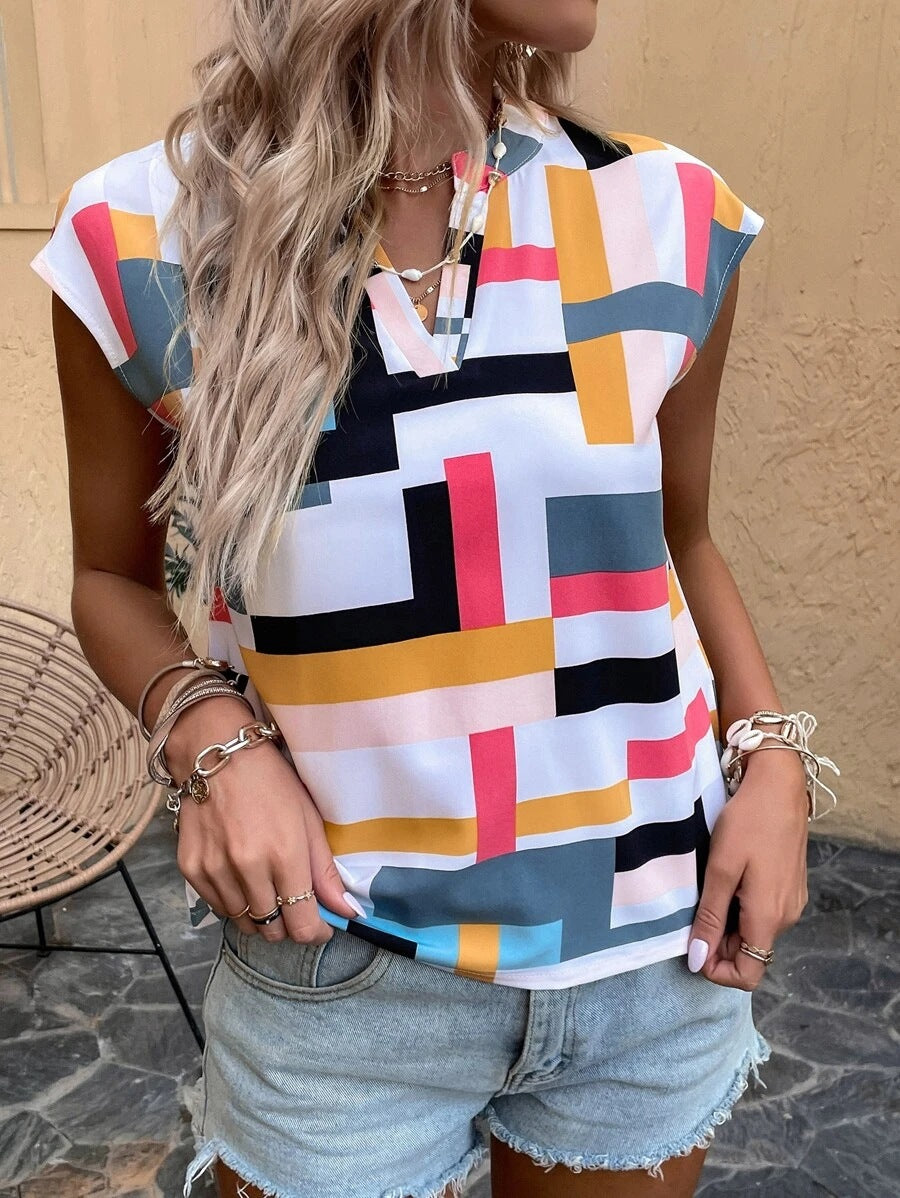 Geometric Print V-Neck Batwing Sleeve Blouse