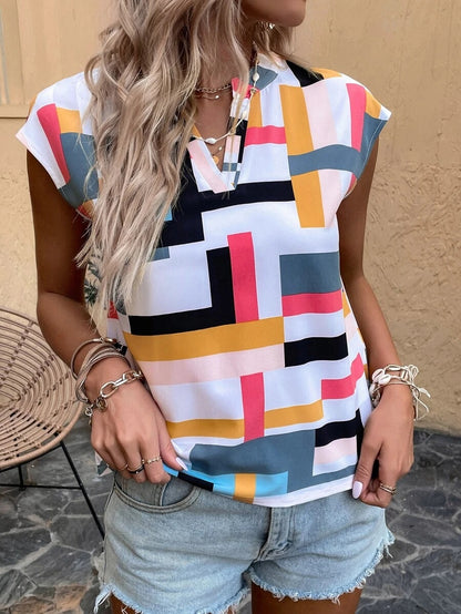 Geometric Print V-Neck Batwing Sleeve Blouse