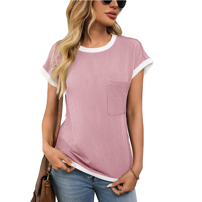 Women's Ribbed Color Block Pocket Tee Short Sleeve