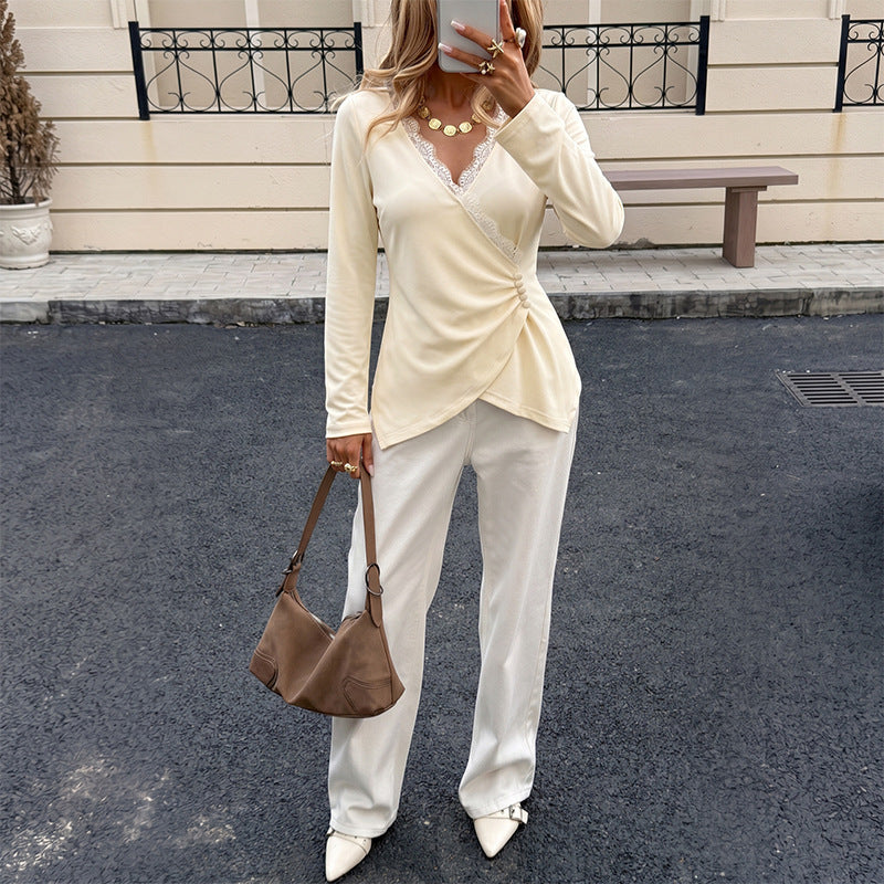 Wrap Lace Trim V Neck Long Sleeve Blouse Women Elegant Top