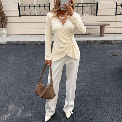 Wrap Lace Trim V Neck Long Sleeve Blouse Women Elegant Top