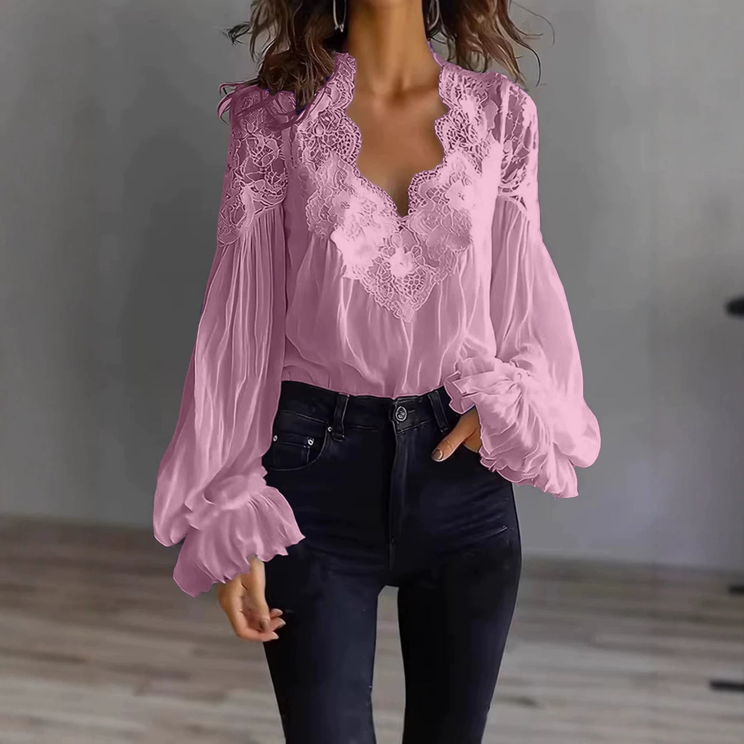 Embroidered Lace V Neck Balloon Sleeve Blouse