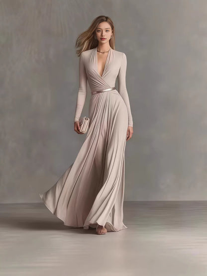 Elegant Deep V-Neck Long Sleeve Belted Maxi Dress