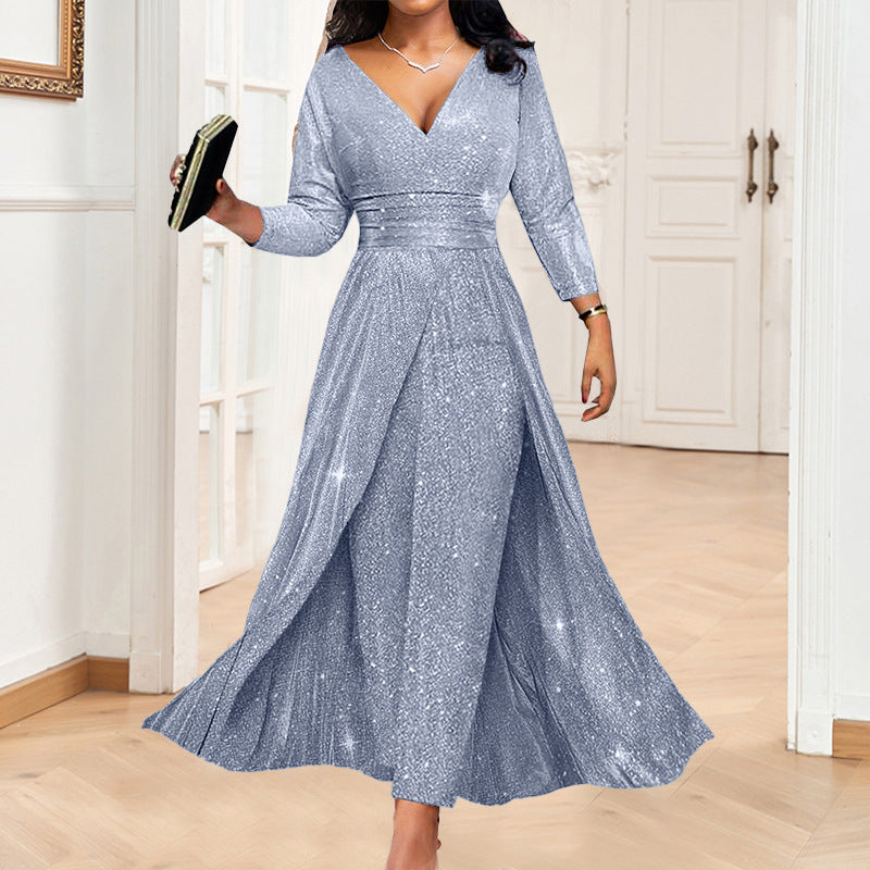Sequin V-Neck Long Sleeve Maxi Evening Dress