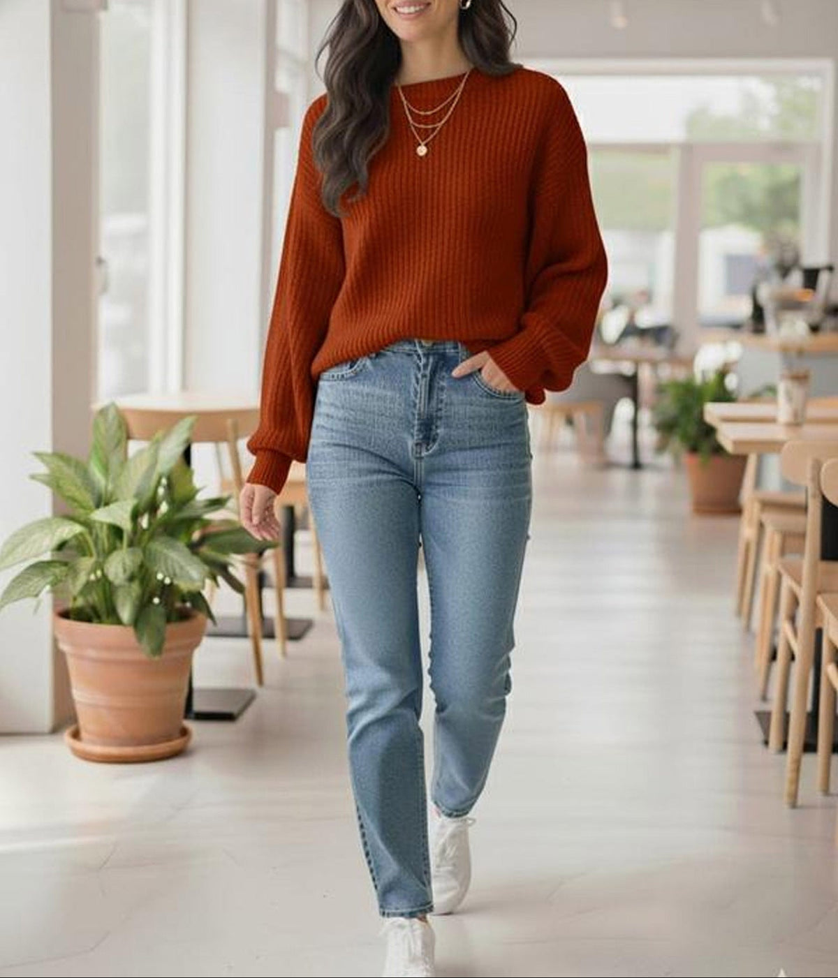 Women's Oversized Ribbed Crew Neck Pullover Sweater