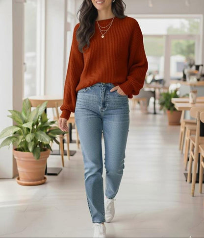 Women's Oversized Ribbed Crew Neck Pullover Sweater