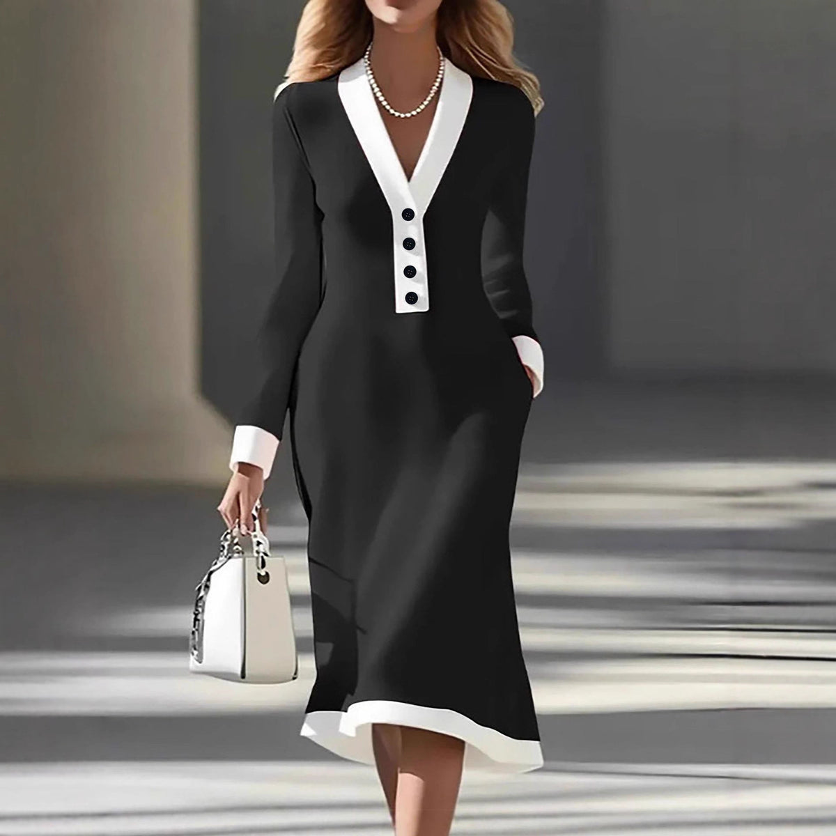 Colorblock V Neck Button Long Sleeve Midi Work Dress