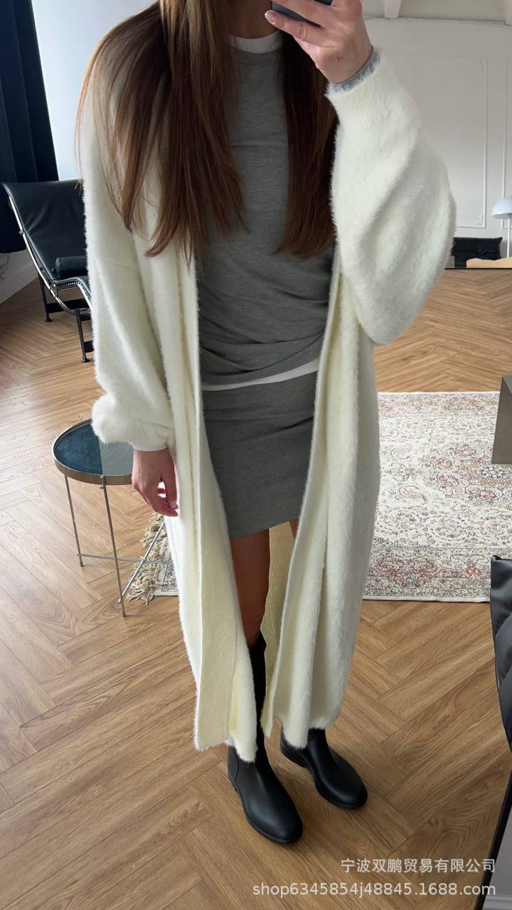 Women’s Long Faux Fur Cardigan Belted Open Front Sweater