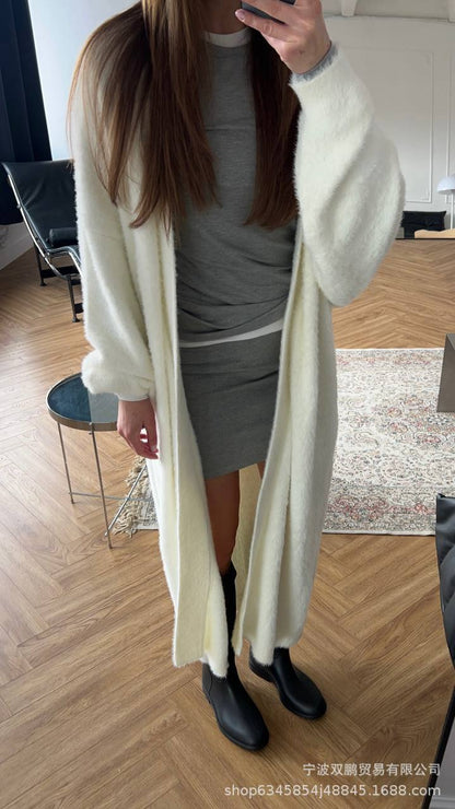 Women’s Long Faux Fur Cardigan Belted Open Front Sweater