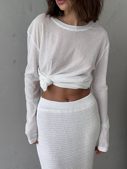 Women's Sheer Slub Long Sleeve Crew Neck Loose Fit Tee
