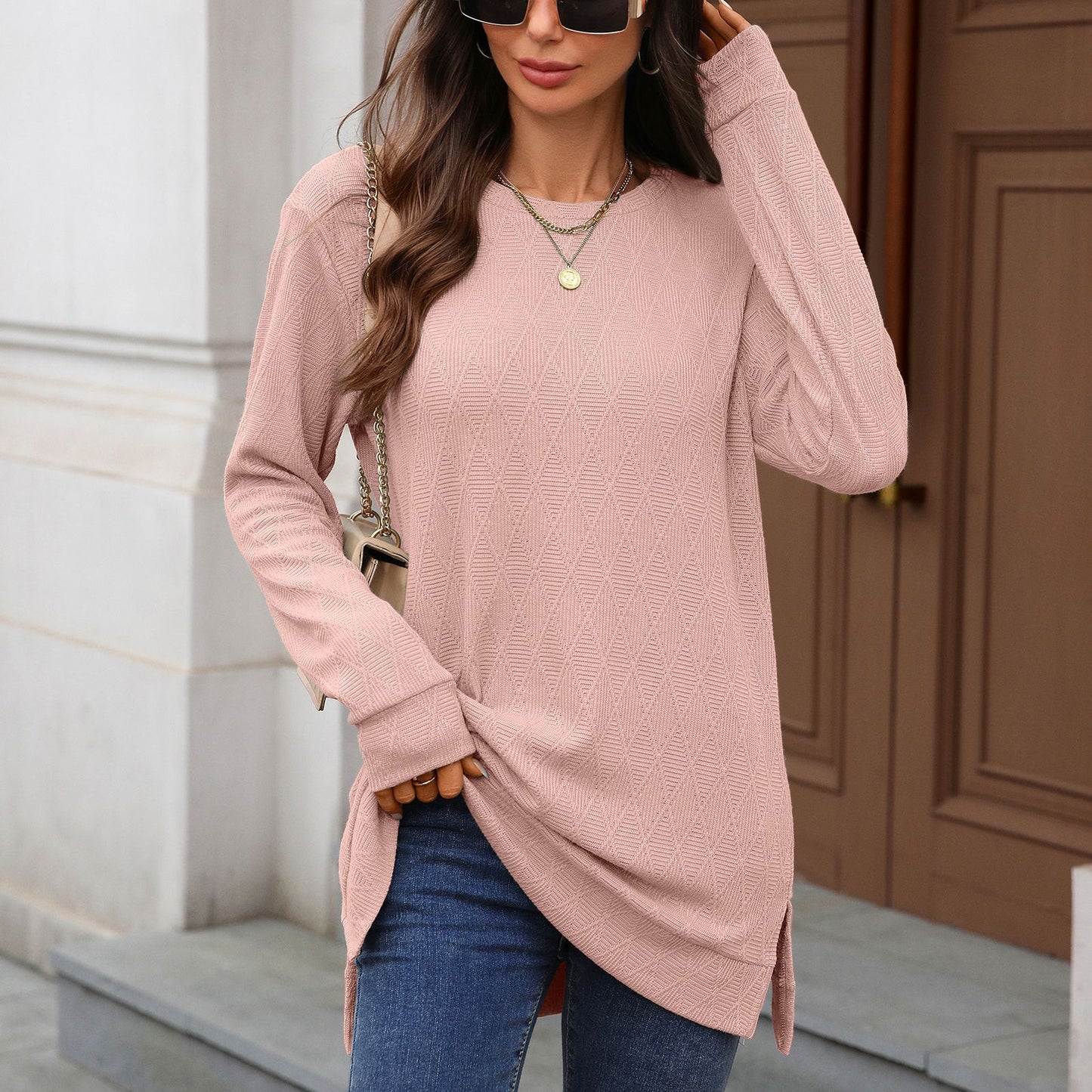 Women's Oversized Crewneck Long Sleeve Side Slit Top