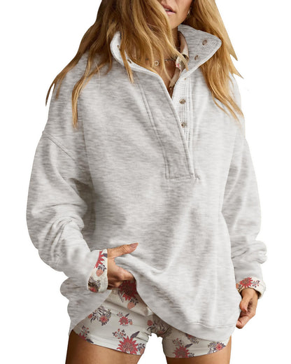 Half Snap Pullover Sweatshirt Oversized Long Sleeve