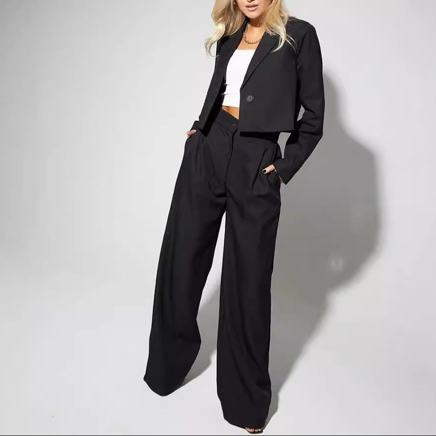 Women's Cropped Blazer Wide Leg Pants 2 Piece Set