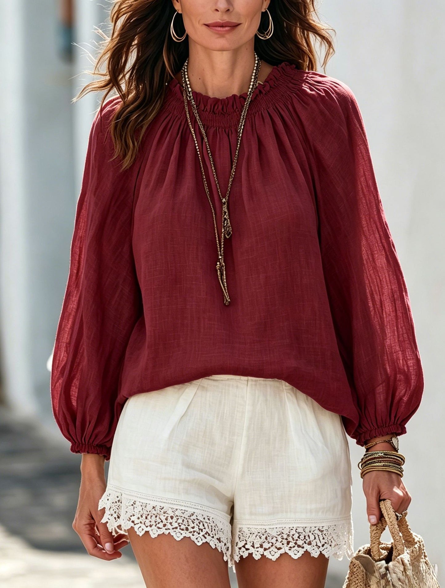 Women's Balloon Sleeve Blouse Solid Casual Boho Top