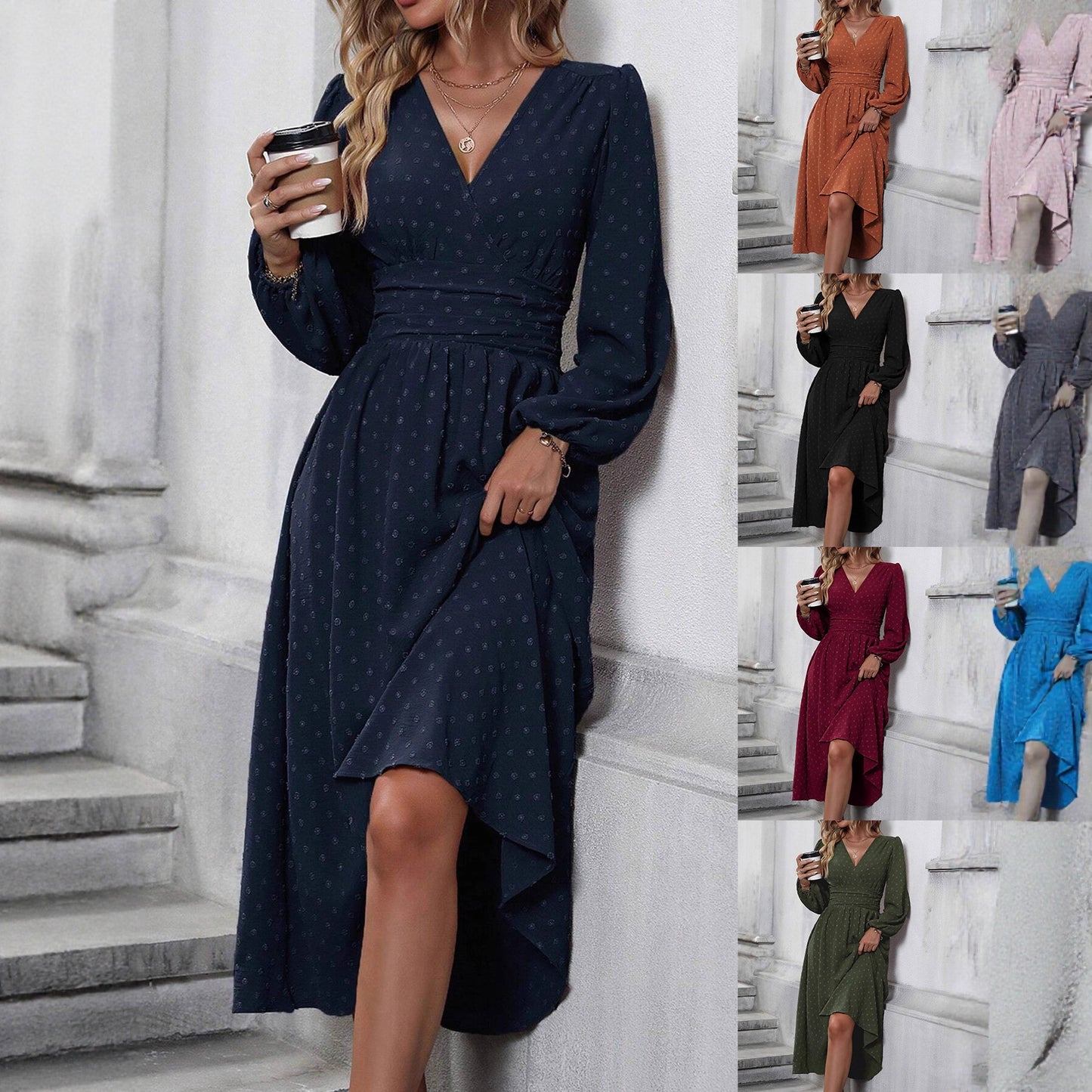 Women's V-Neck Lantern Sleeve Smocked Waist Midi Dress