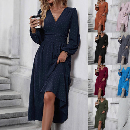 Women's V-Neck Lantern Sleeve Smocked Waist Midi Dress