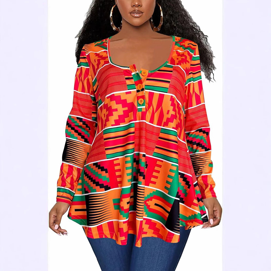 Plus Size African Print Long Sleeve Henley Tunic Top